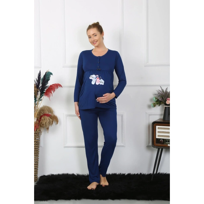 Moda Çizgi Kadın Uzun Kol Hamile Lohusa Pijama Takımı Lacivert 45501