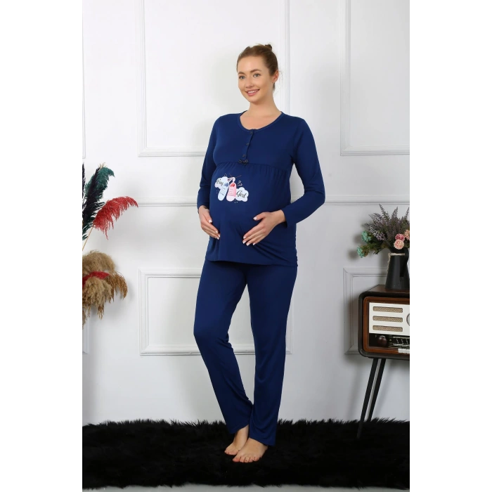 Moda Çizgi Kadın Uzun Kol Hamile Lohusa Pijama Takımı Lacivert 45501