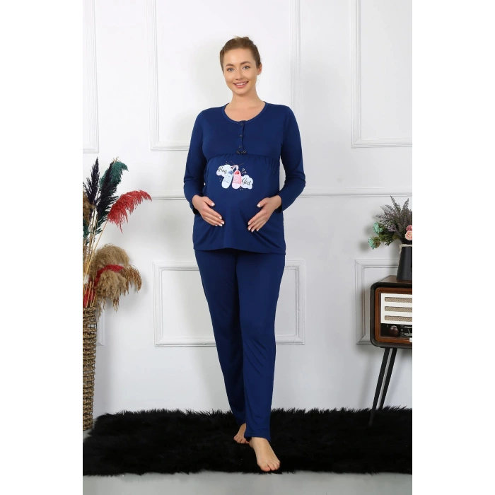 Moda Çizgi Kadın Uzun Kol Hamile Lohusa Pijama Takımı Lacivert 45501
