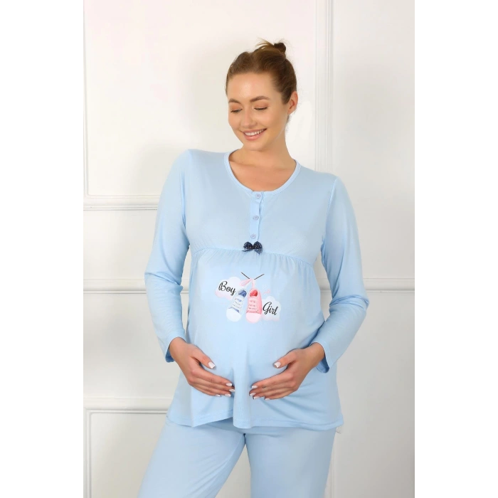 Moda Çizgi Kadın Uzun Kol Hamile Lohusa Pijama Takımı Mavi 45501