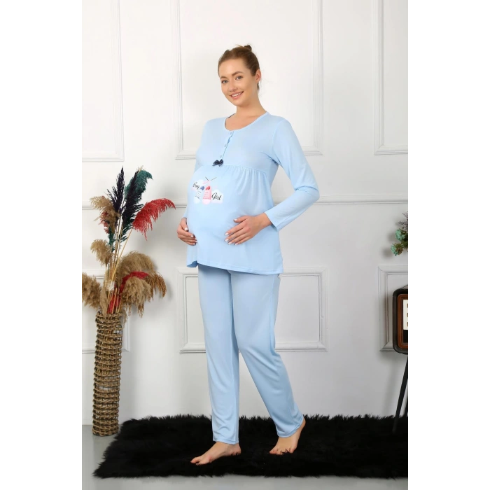 Moda Çizgi Kadın Uzun Kol Hamile Lohusa Pijama Takımı Mavi 45501
