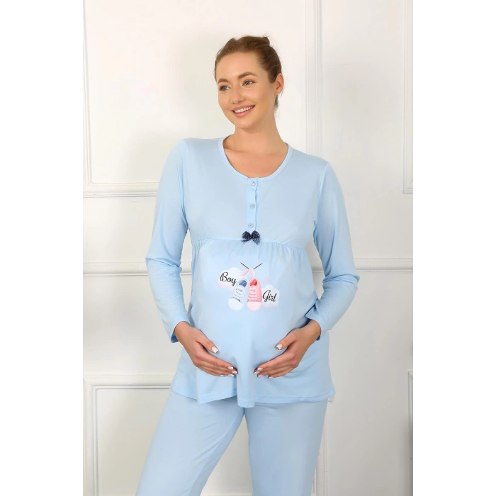 Moda Çizgi Kadın Uzun Kol Hamile Lohusa Pijama Takımı Mavi 45501