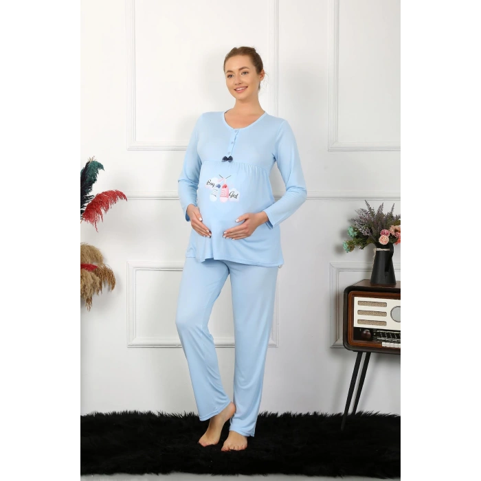 Moda Çizgi Kadın Uzun Kol Hamile Lohusa Pijama Takımı Mavi 45501