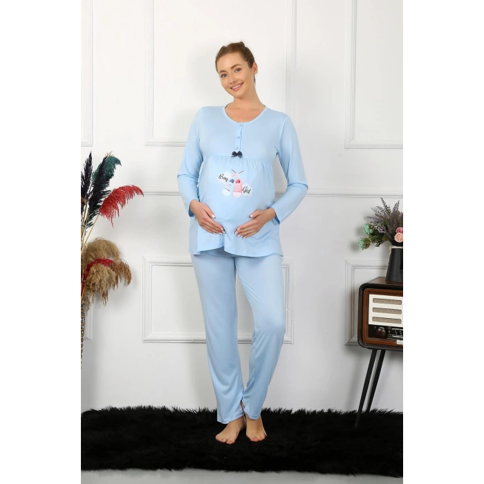 Moda Çizgi Kadın Uzun Kol Hamile Lohusa Pijama Takımı Mavi 45501