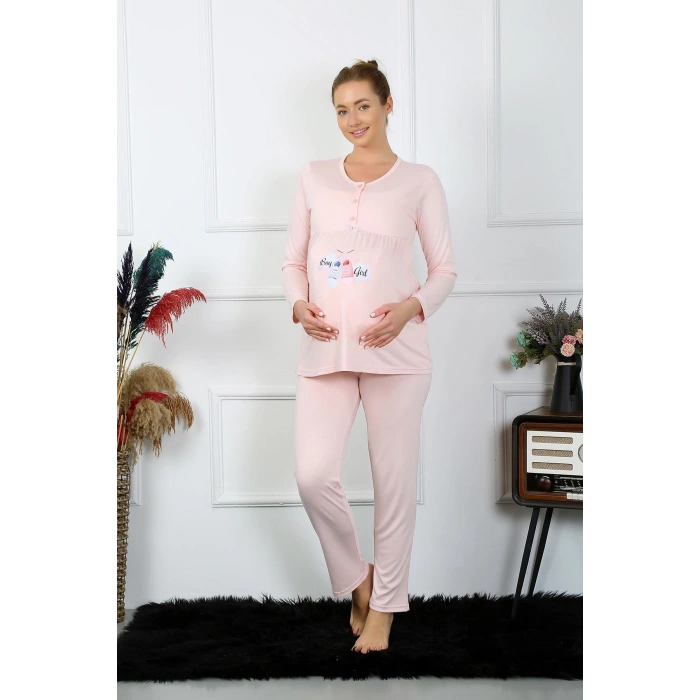 Moda Çizgi Kadın Uzun Kol Hamile Lohusa Pijama Takımı Pudra 45501