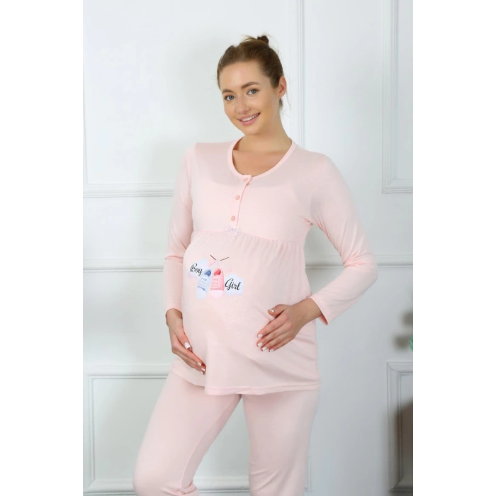 Moda Çizgi Kadın Uzun Kol Hamile Lohusa Pijama Takımı Pudra 45501