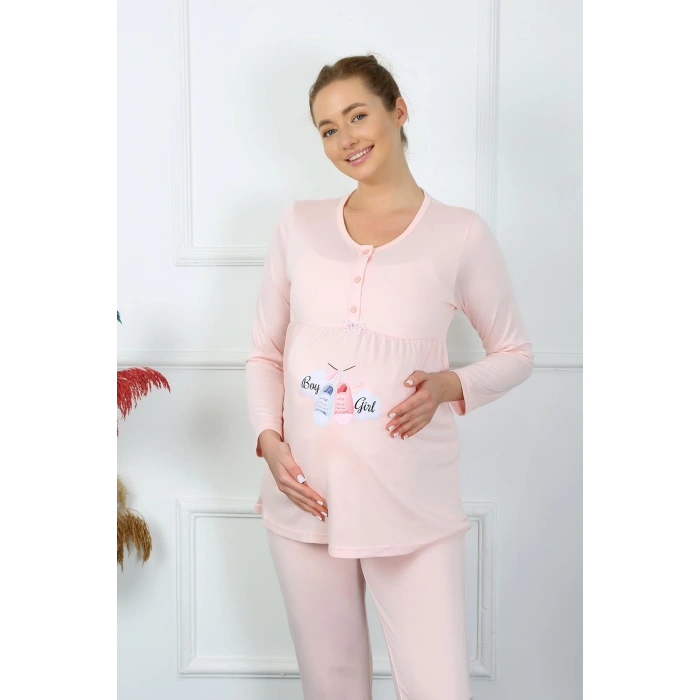Moda Çizgi Kadın Uzun Kol Hamile Lohusa Pijama Takımı Pudra 45501