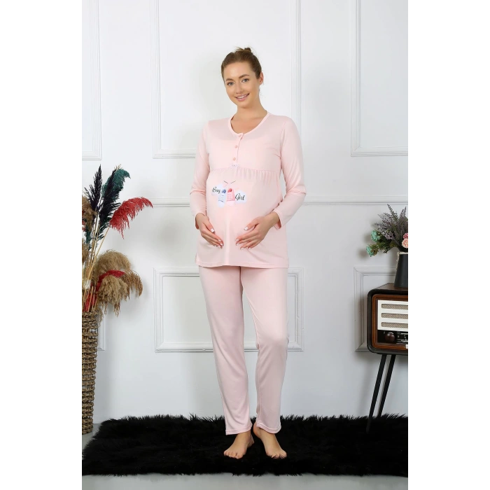 Moda Çizgi Kadın Uzun Kol Hamile Lohusa Pijama Takımı Pudra 45501