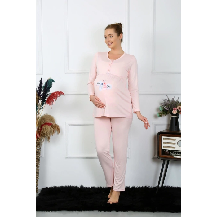 Moda Çizgi Kadın Uzun Kol Hamile Lohusa Pijama Takımı Pudra 45501