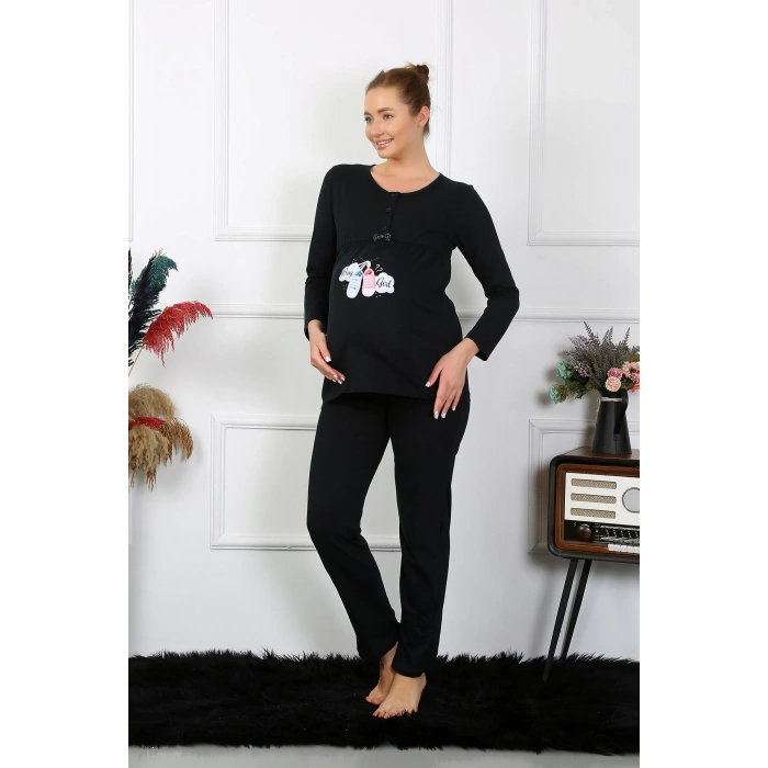 Moda Çizgi Kadın Uzun Kol Hamile Lohusa Pijama Takımı Siyah 45501