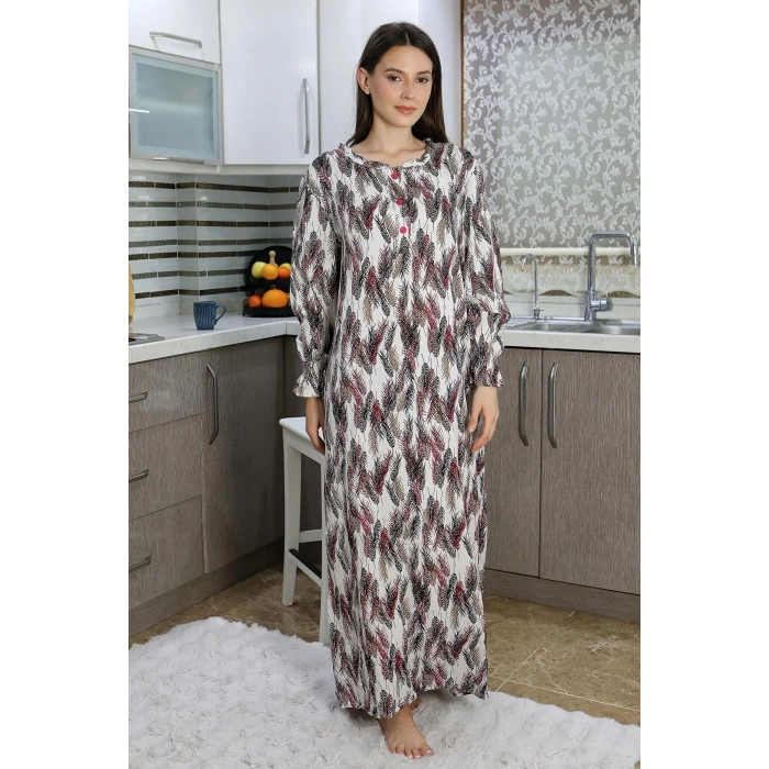 Moda Çizgi Kadın Uzun Kol Penye Gecelik Ev Elbisesi Kırmızı 25500