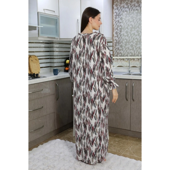 Moda Çizgi Kadın Uzun Kol Penye Gecelik Ev Elbisesi Kırmızı 25500