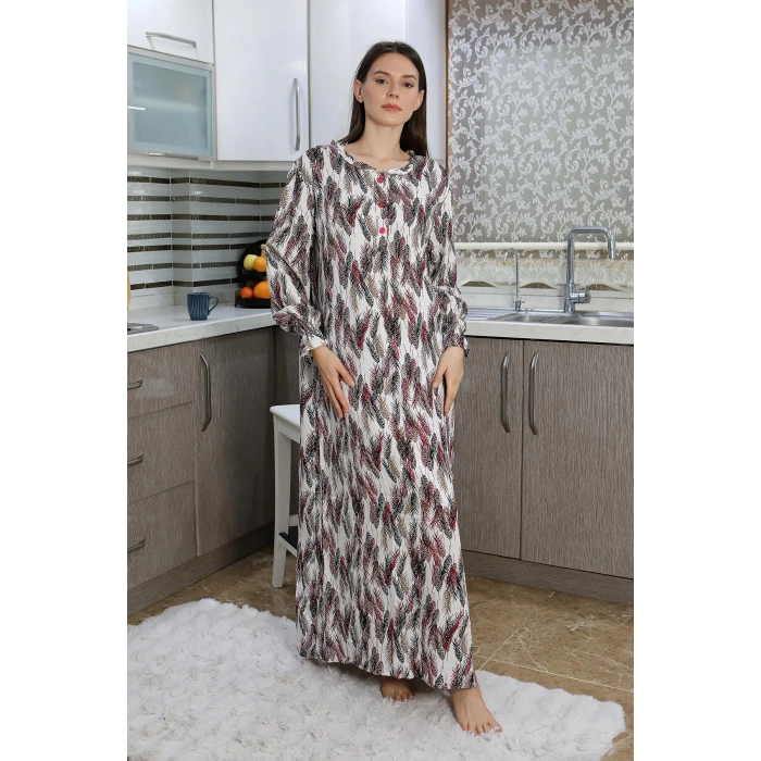 Moda Çizgi Kadın Uzun Kol Penye Gecelik Ev Elbisesi Kırmızı 25500