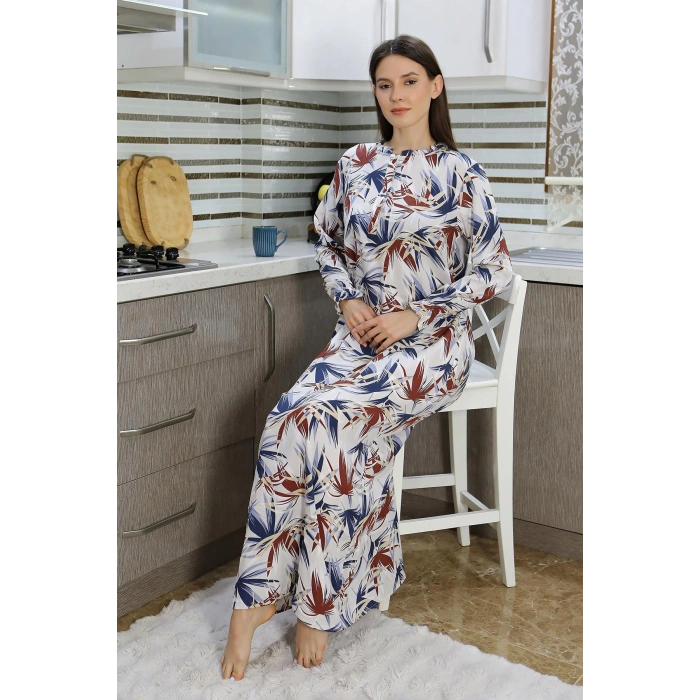 Moda Çizgi Kadın Uzun Kol Penye Gecelik Ev Elbisesi Krem 25500