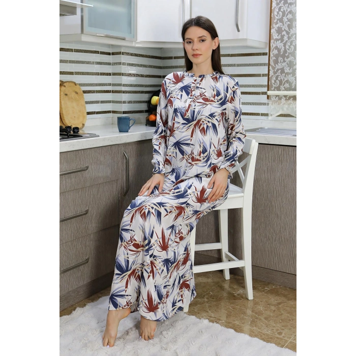 Moda Çizgi Kadın Uzun Kol Penye Gecelik Ev Elbisesi Krem 25500