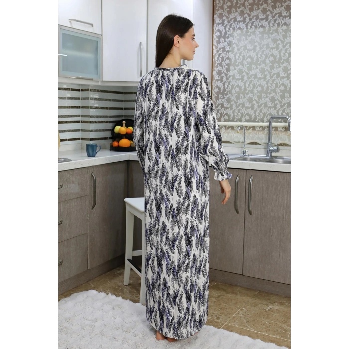 Moda Çizgi Kadın Uzun Kol Penye Gecelik Ev Elbisesi Mavi 25500