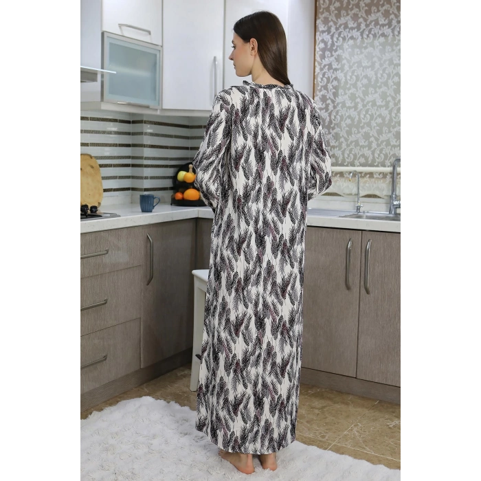 Moda Çizgi Kadın Uzun Kol Penye Gecelik Ev Elbisesi Mor 25500