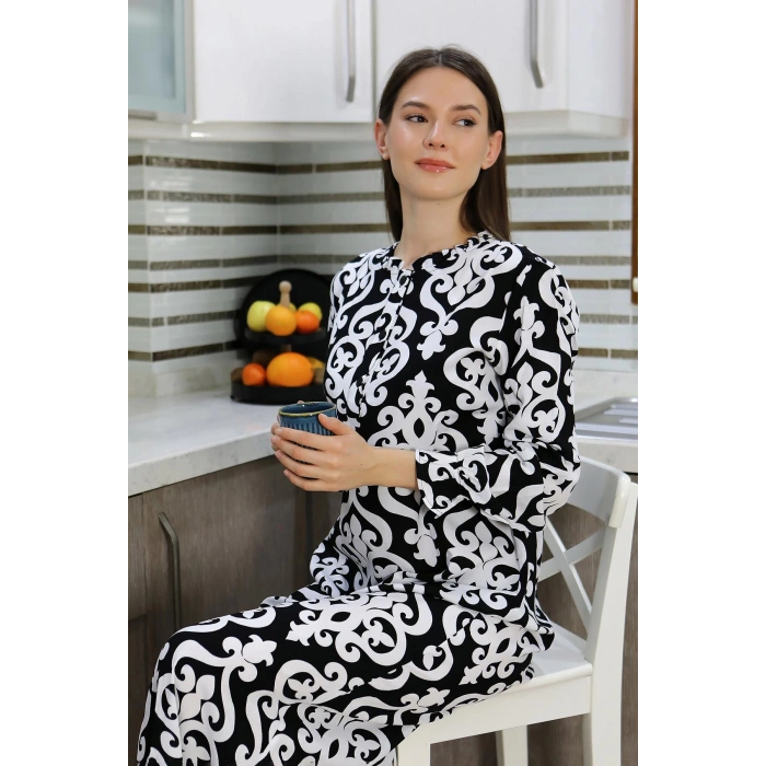 Moda Çizgi Kadın Uzun Kol Penye Gecelik Ev Elbisesi Siyah 25500