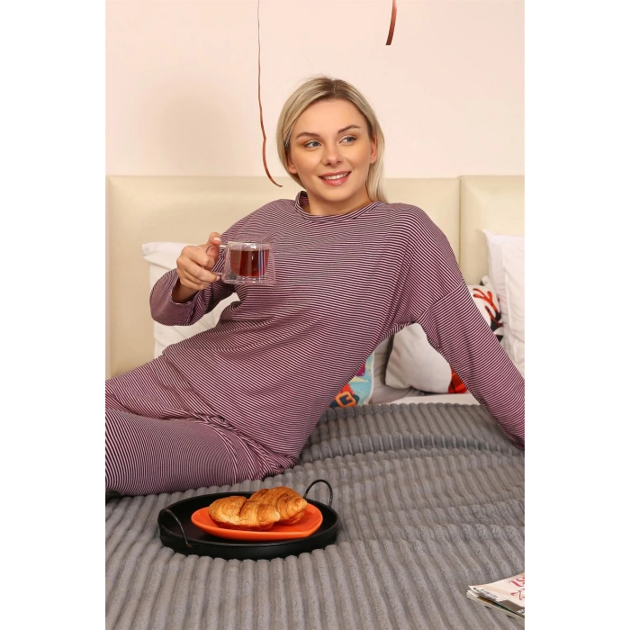 Moda Çizgi Kadın Uzun Kol Penye Pijama Takım 4172