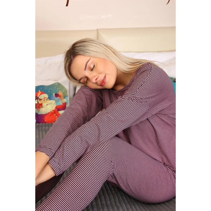 Moda Çizgi Kadın Uzun Kol Penye Pijama Takım 4172
