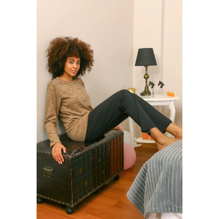 Moda Çizgi Kadın Uzun Kol Penye Pijama Takım 4178