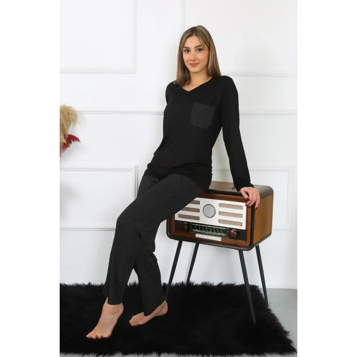 moda çizgi Kadın Uzun Kol Penye Pijama Takım 4193