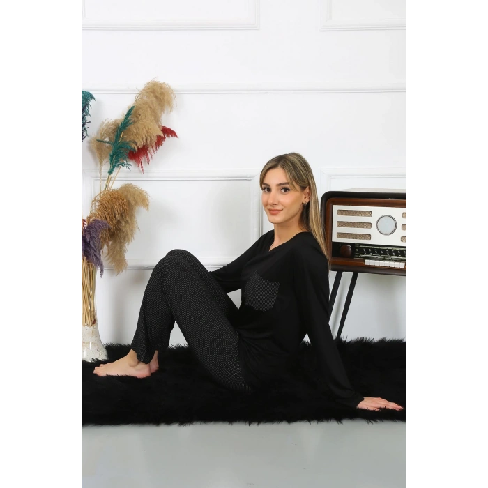 moda çizgi Kadın Uzun Kol Penye Pijama Takım 4193