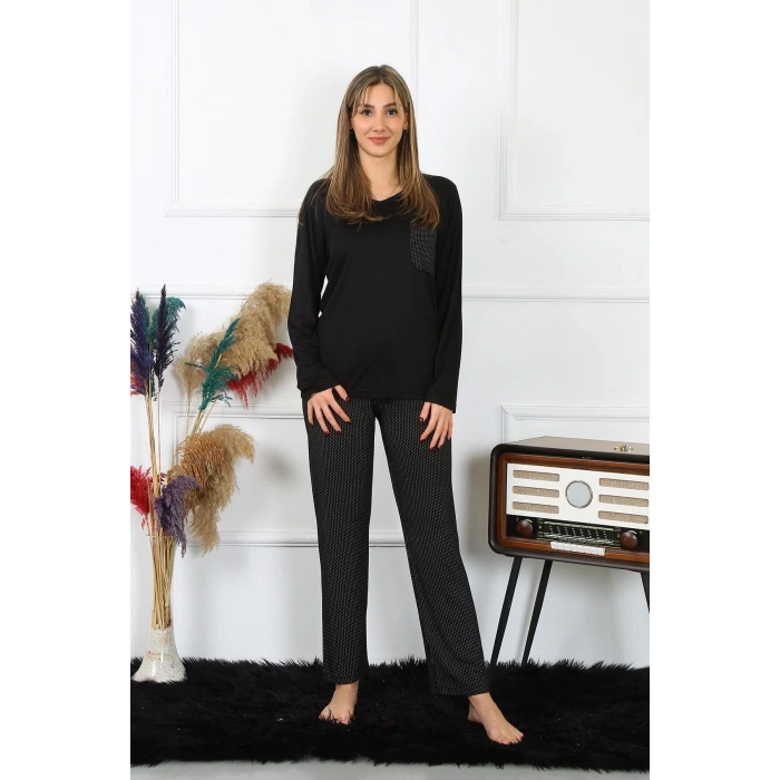 moda çizgi Kadın Uzun Kol Penye Pijama Takım 4193