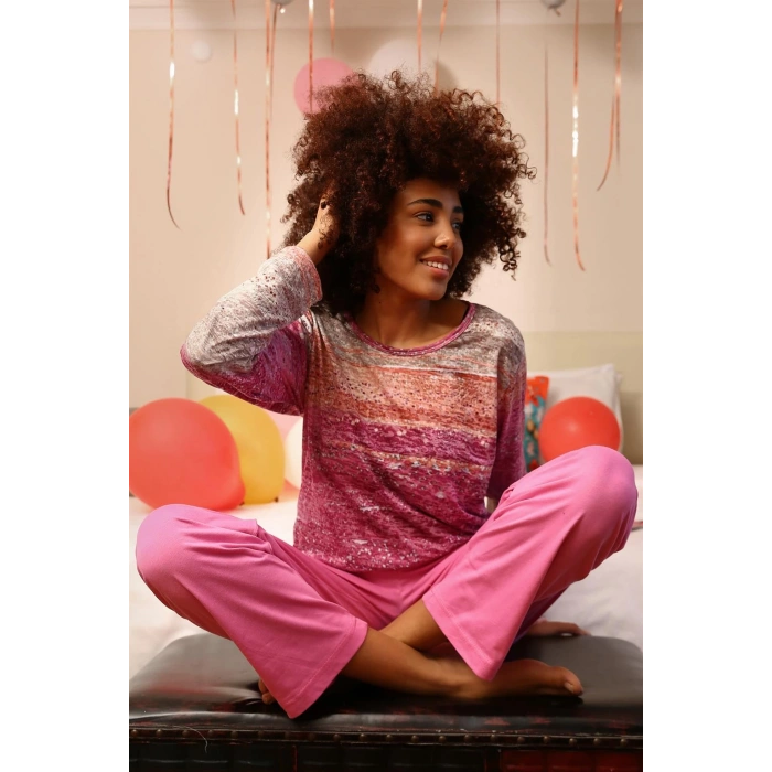 Moda Çizgi Kadın Uzun Kol Penye Pijama Takım 4202