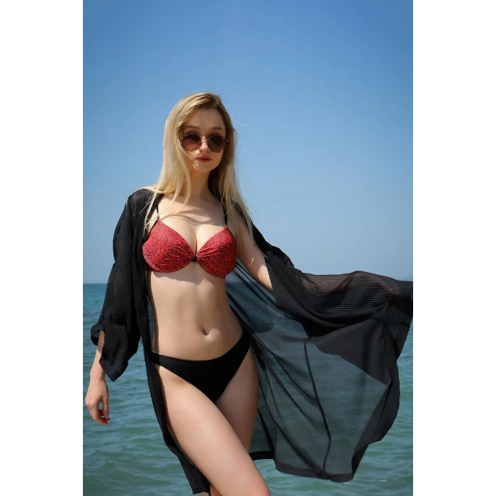 Moda Çizgi Kadın Yarım Destekli Alt Üst Bikini Takım Kırmızı 35013