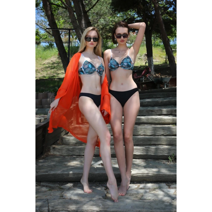 Moda Çizgi Kadın Yarım Destekli Alt Üst Bikini Takım Petrol 35012