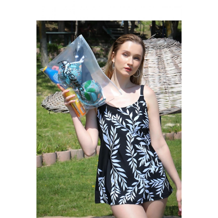 Moda Çizgi Kadın Yüksek Bel Slipli Tankini Elbise Mayo Siyah 36001