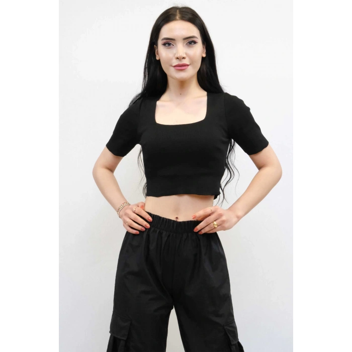 Moda Çizgi Kare Yaka Triko Crop Siyah