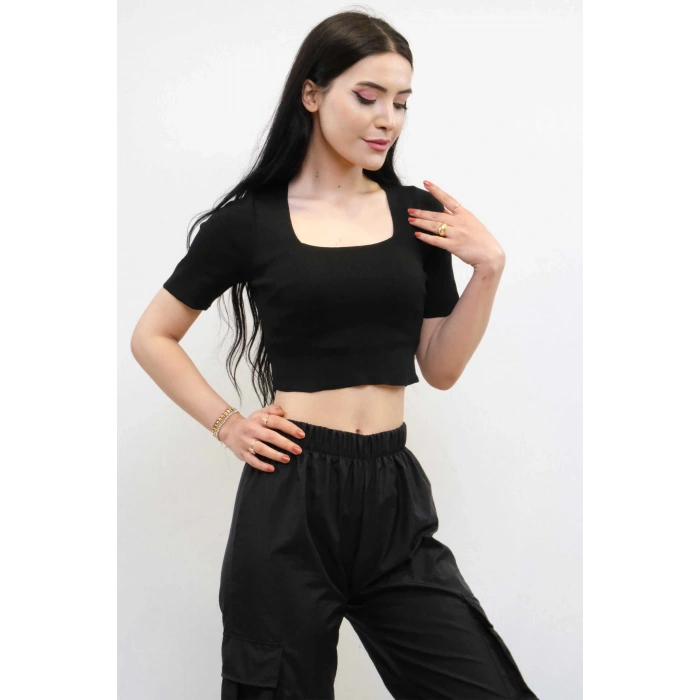 Moda Çizgi Kare Yaka Triko Crop Siyah