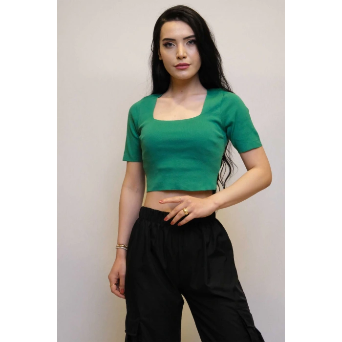 Moda Çizgi Kare Yaka Triko Crop Yeşil