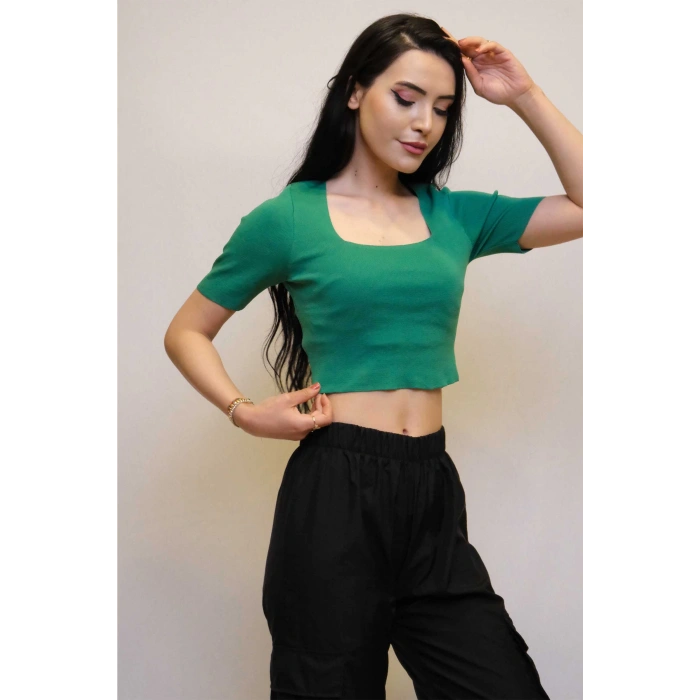 Moda Çizgi Kare Yaka Triko Crop Yeşil