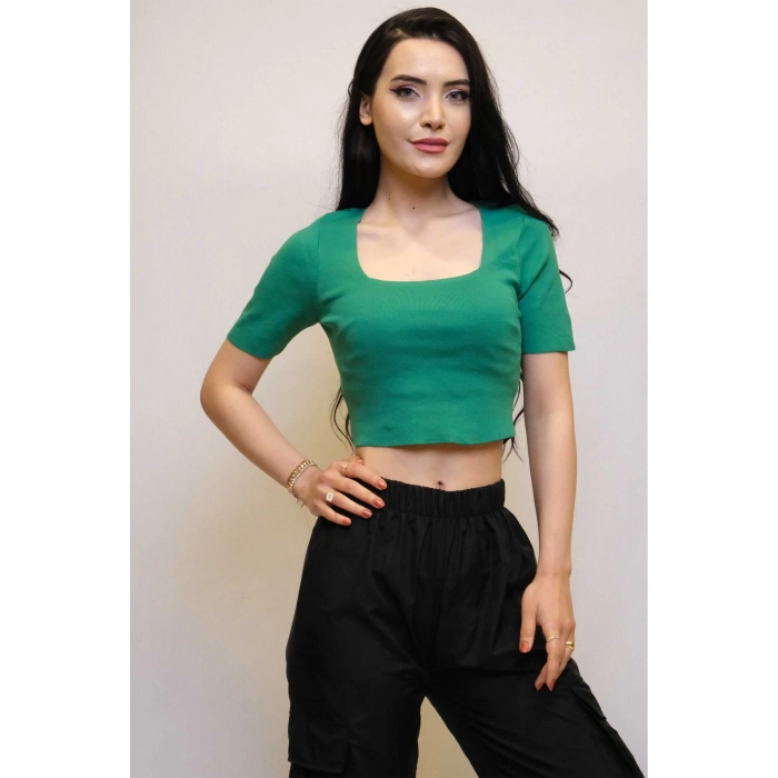 Moda Çizgi Kare Yaka Triko Crop Yeşil
