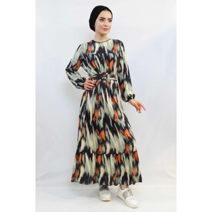 Moda Çizgi Karışık Desen Elbise Mint