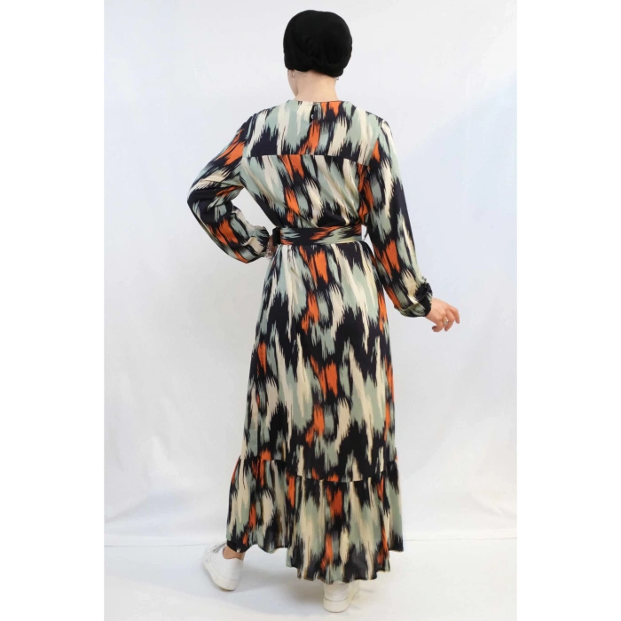 Moda Çizgi Karışık Desen Elbise Mint