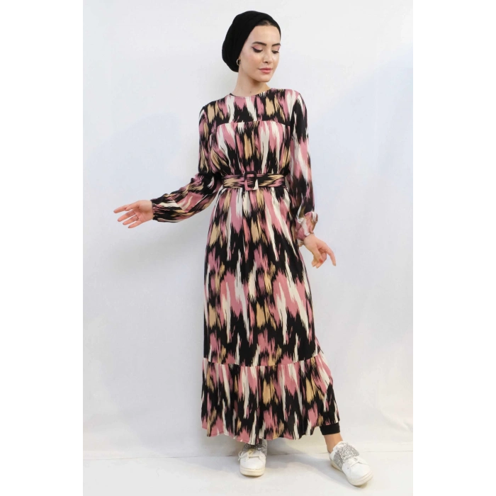 Moda Çizgi Karışık Desen Elbise Pudra