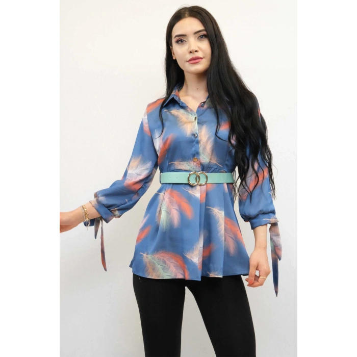 Moda Çizgi Kemerli Gömlek Tunik İndigo