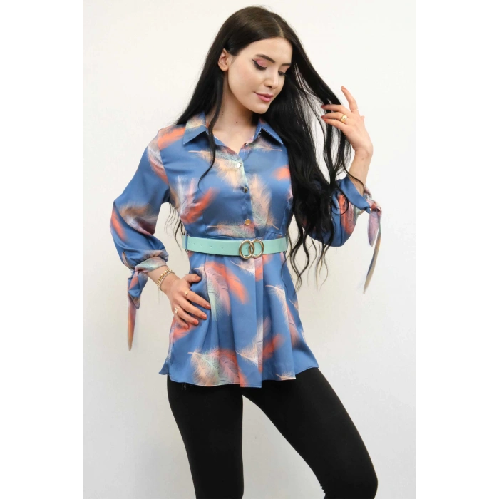 Moda Çizgi Kemerli Gömlek Tunik İndigo