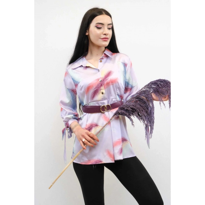 Moda Çizgi Kemerli Gömlek Tunik Lila