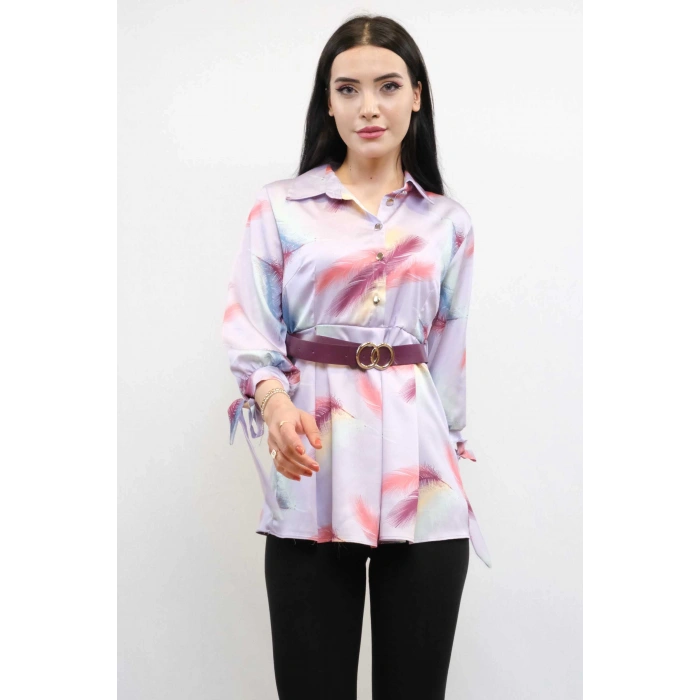 Moda Çizgi Kemerli Gömlek Tunik Lila