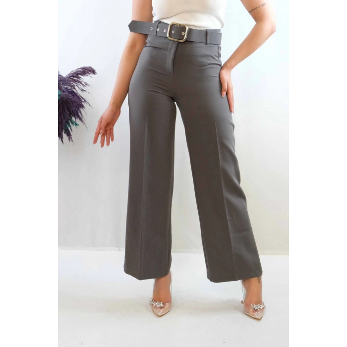 Moda Çizgi Kemerli Pantolon Füme
