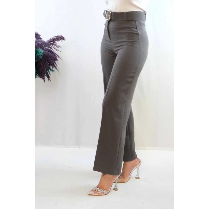 Moda Çizgi Kemerli Pantolon Füme