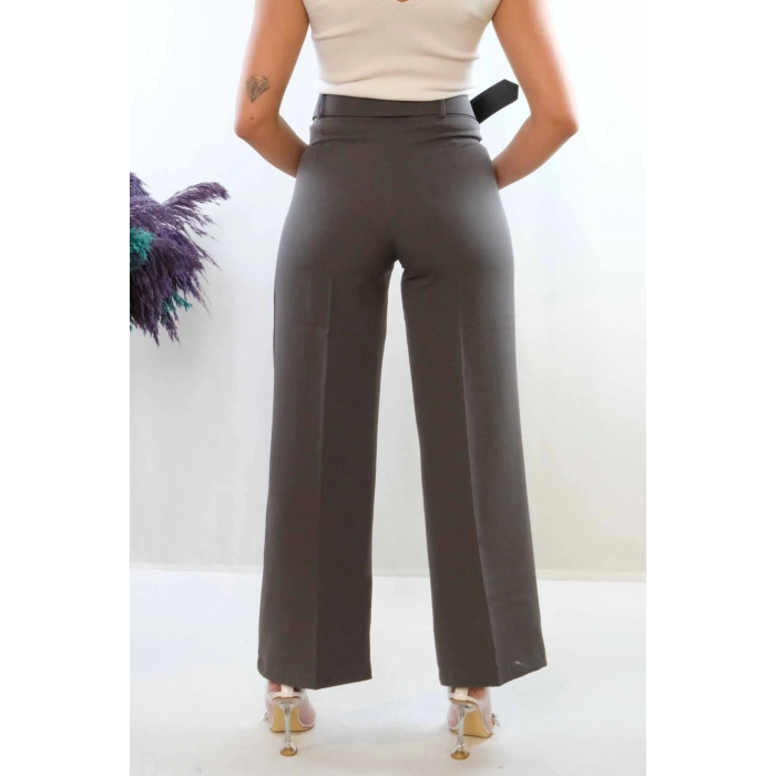 Moda Çizgi Kemerli Pantolon Füme