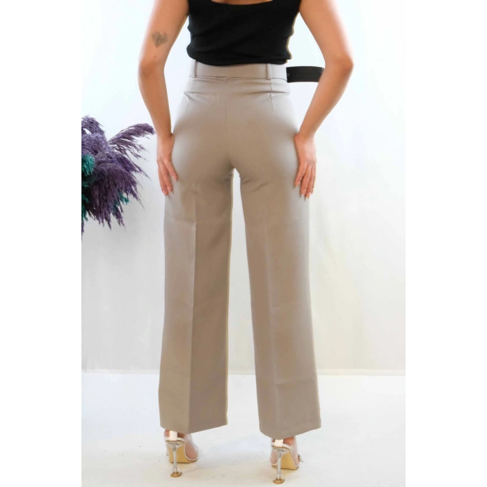 Moda Çizgi Kemerli Pantolon Gri