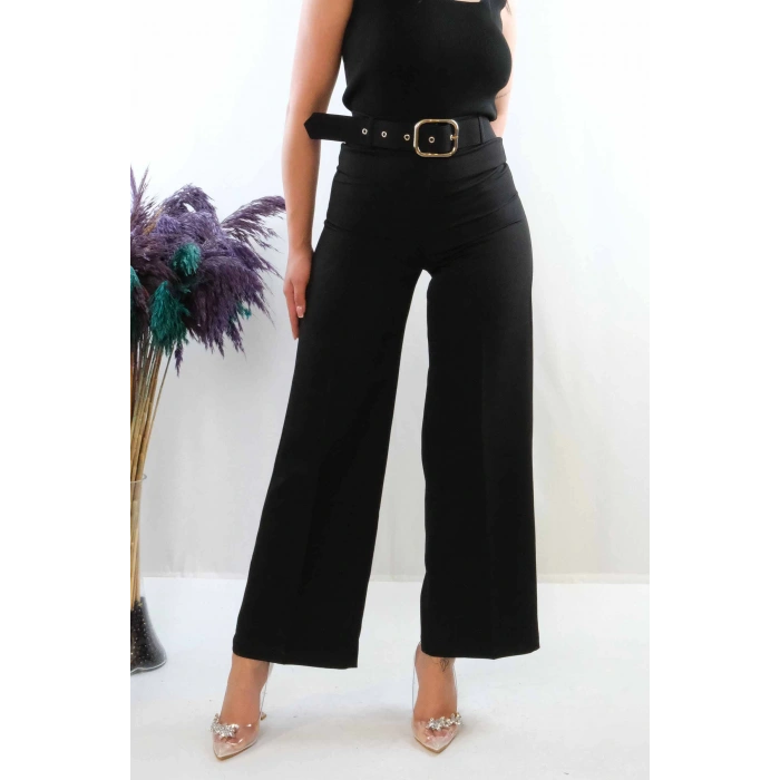 Moda Çizgi Kemerli Pantolon Siyah