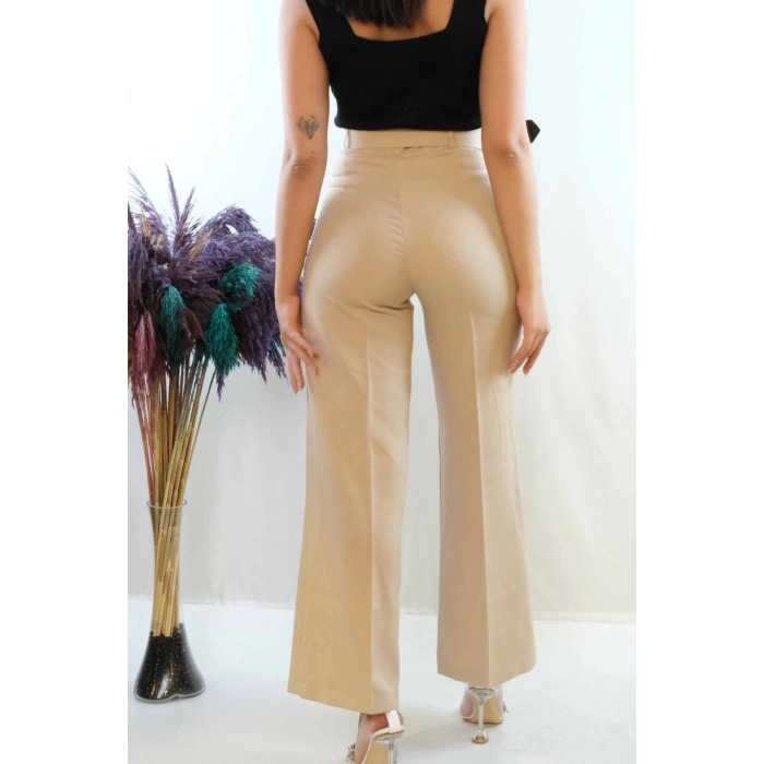 Moda Çizgi Kemerli Pantolon Taş